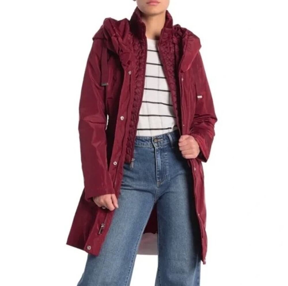 Laundry by Shelli Segal Parka Coat Jacket Burgundy Medium Hooded Quilted